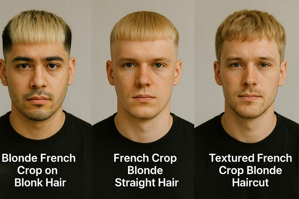 A photo of three men showcasing blonde French crop hairstyles: blonde French crop on black hair, straight blonde French crop, and textured blonde French crop haircut