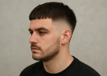 a man with french crop burst fade haircut