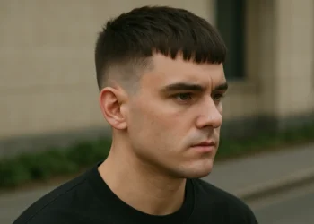 a man with fringe french crop fade haircut
