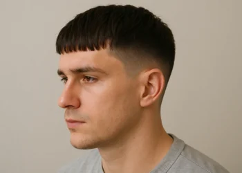 a man with french crop fringe haircut