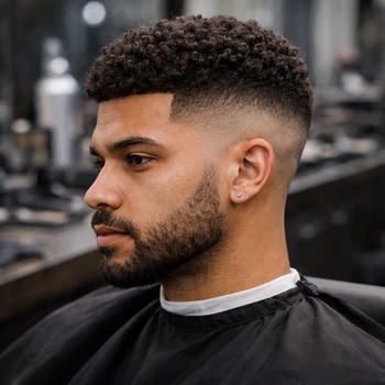 Afro French crop haircut with a low fade, featuring natural textured afro hair on top and a clean, subtle fade on the sides